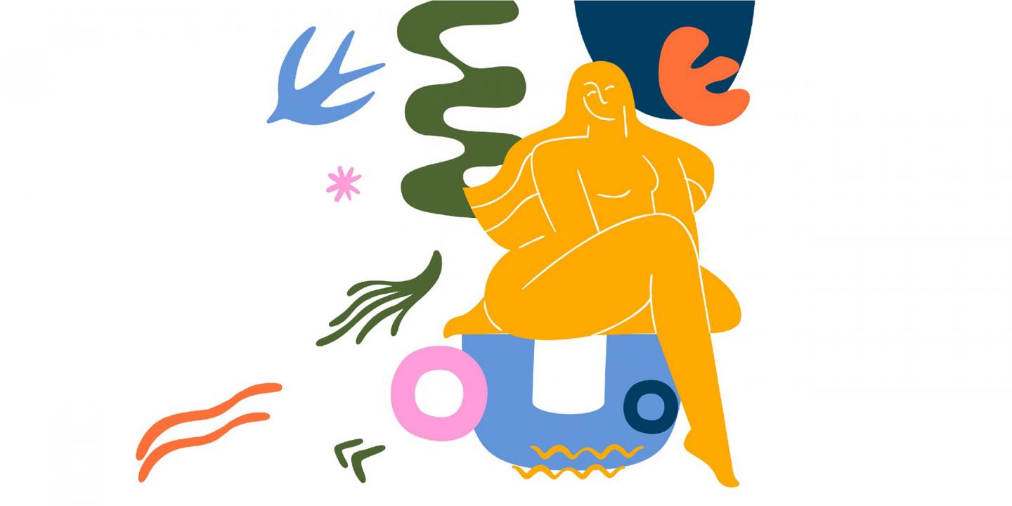 Sievietes ilustrācija, ap kuru ir vairāki krāsaini grafiski elementi.