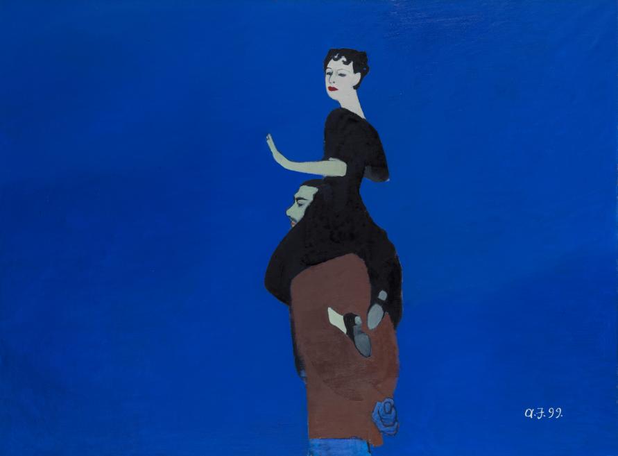 Aiz zila fona attēlota sieviete, kas sēž uz vīrieša pleciem.