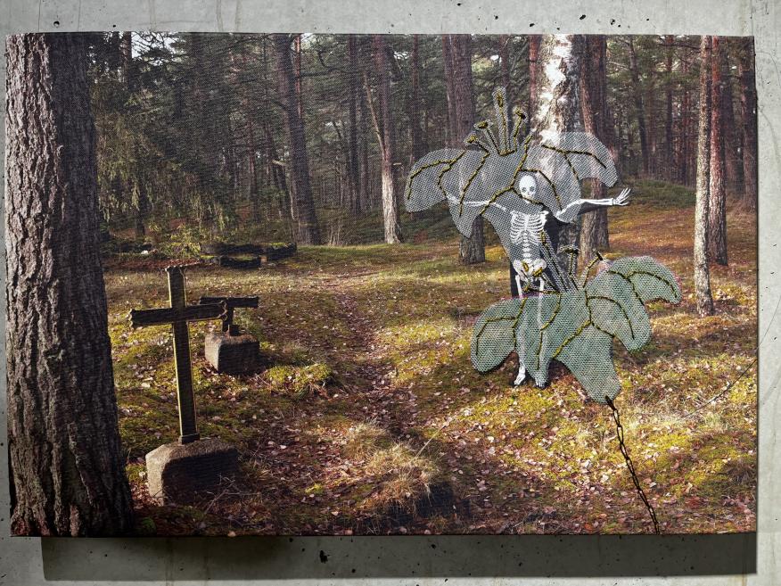 Mākslas darbs ar meža fotogrāfiju un izšūtu skeleta un zieda elementu.