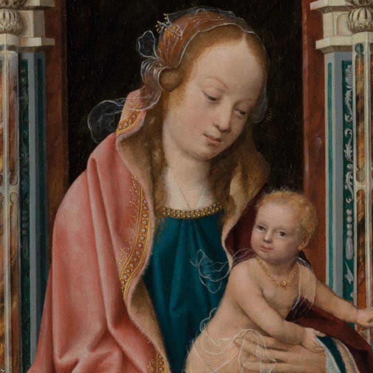 Workshop of Master of Frankfurt (c.1480&ndash;c.1533). The Holy Family with a Musician Angel, Saints Catherine and Barbara. Detail. 1510&ndash;1520. Oil on panel. Collection of the Museo Nacional del Prado, Madrid, Spain. &copy; Photographic Archive. Museo Nacional del Prado. Madrid