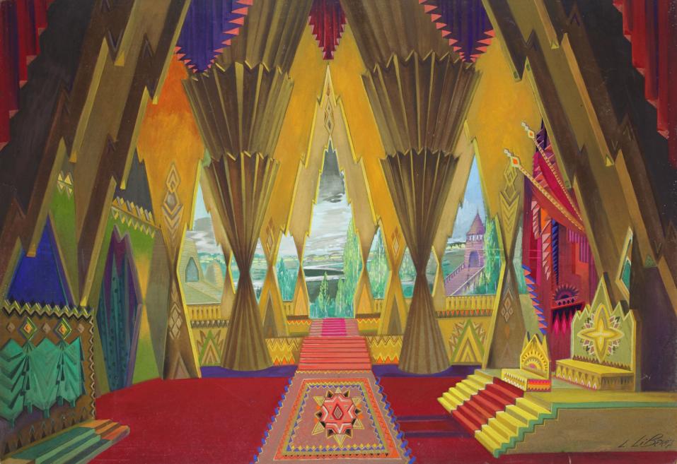 Ludolfs Liberts. King&rsquo;s Palace. Set design for Jānis Mediņ&scaron;&rsquo;s opera Sprīdītis (premiere at the Latvian National Opera 22.01.1927, director Fricis Rode, conductor Jānis Mediņ&scaron;). 1927. Tempera on cardboard. Theatre Studies Collection of Institute for Media Culture and Theatre, University of Cologne (Theaterwissenschaftliche Sammlung, Universit&auml;t zu K&ouml;ln). Publicity photo