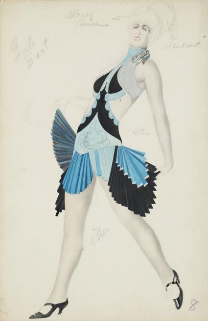 Ludolfs Liberts. Costume design for the girls in Ernst Krenek&rsquo;s opera Jonny spielt auf (premiere at the Latvian National Opera 20.12.1929, director Ludolfs Liberts, conductor Oto Karls). 1929. Pencil, gouache, Indian ink, and silver on paper and cardboard. Collection of the Latvian National Museum of Art, Riga. Publicity image