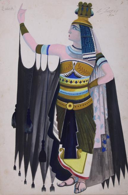 Ludolfs Liberts. Amneris. Costume design for Giuseppe Verdi&rsquo;s opera Aida (premiere at the Kaunas State Theatre 10.11.1926, director Nikolai Tikhomirov, conductor Mykolas Buk&scaron;a). 1926. Pencil, tempera, silver, and ink on cardboard. Collection of the Lithuanian Theatre, Music and Cinema Museum, Vilnius. Publicity image