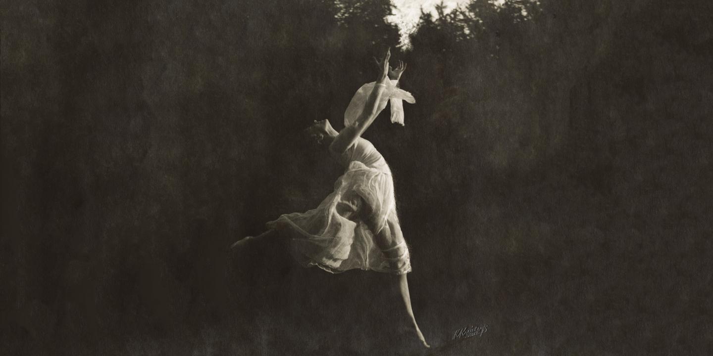 Dancer Beatrise Vīgnere. Portrait in profile, full length, as if flying, in a plastic dance pose, with bare feet, in the open air. Summer, 2nd half of the 1920s. Collection of the Literature and Music Museum. Photo: Kārlis Kreicbergs